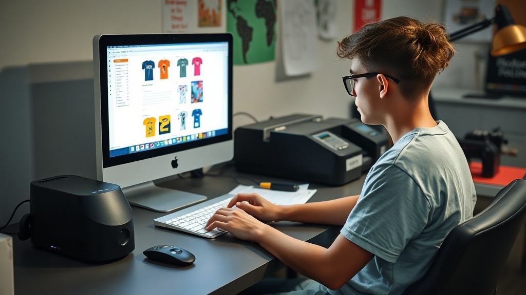 A teenager designing custom merchandise on a computer.