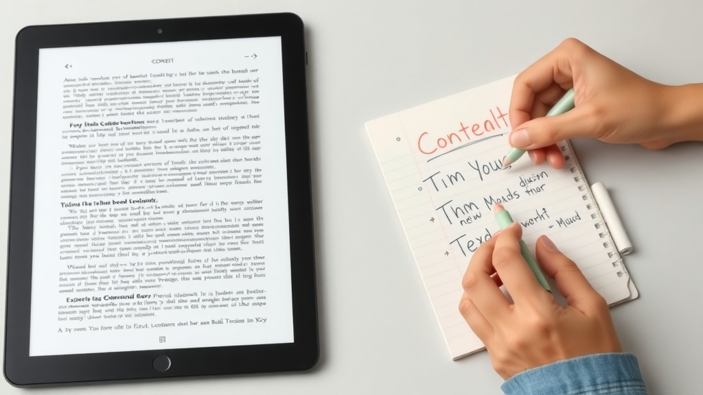 A tablet displaying an e-book next to handwritten notes for content planning.