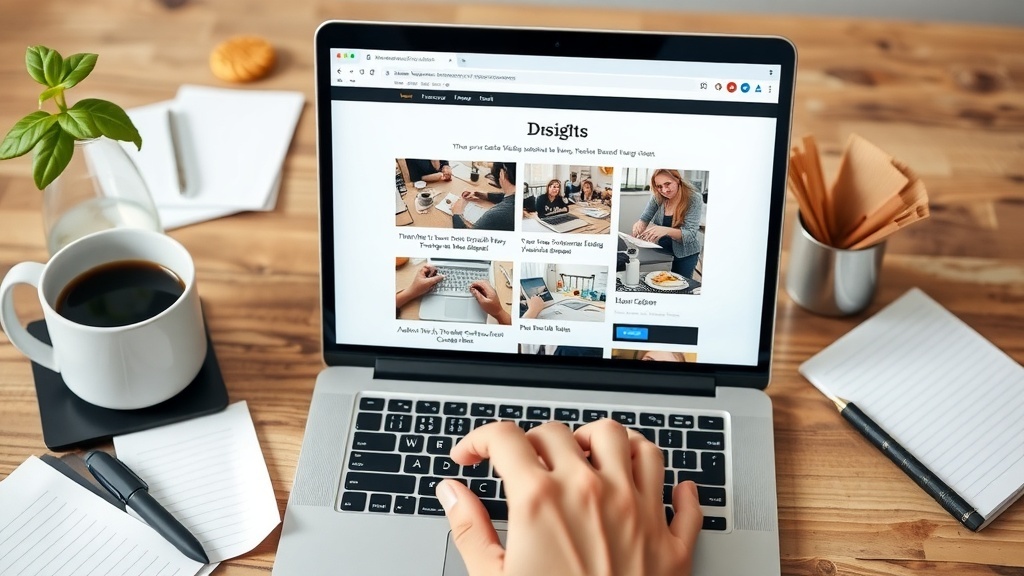 A laptop displaying a blog on a wooden desk with a cup of coffee and stationery.