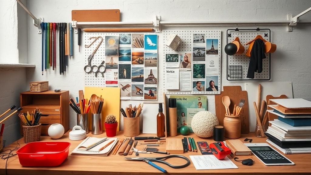 A creative workspace with colorful pencils, tools, and an inspiration board filled with images.