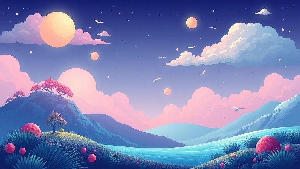 A vibrant and colorful landscape with hills, trees, and planets in the sky.