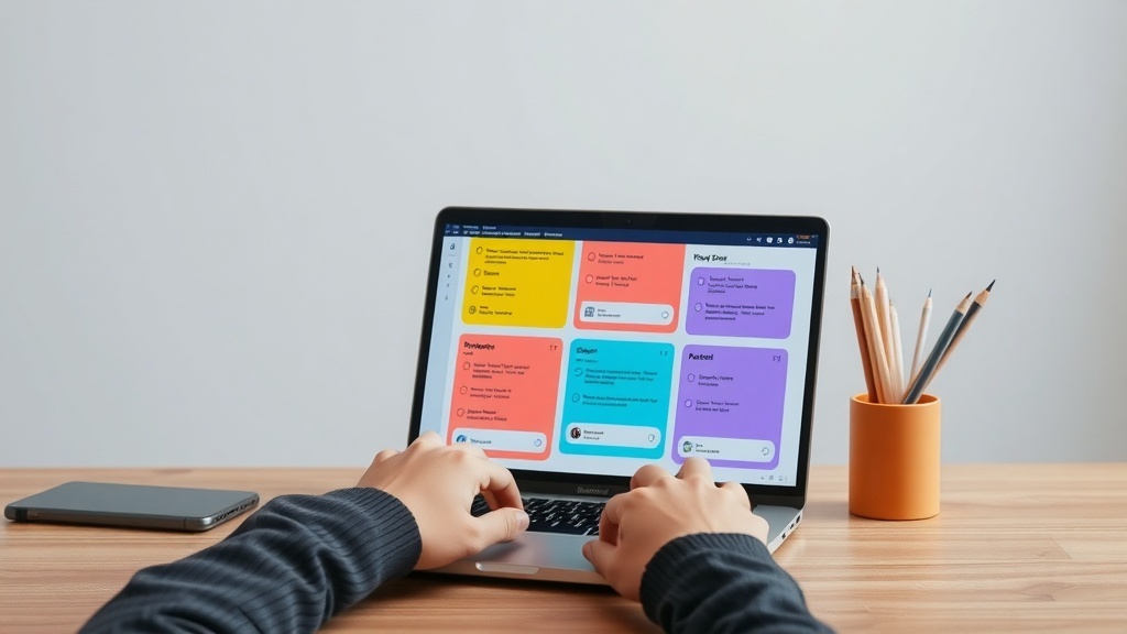 A person working on a laptop with a colorful interface, likely creating quizzes or surveys.