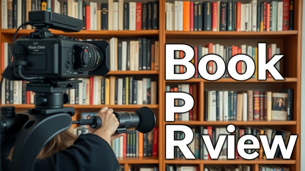 A camera set up in front of a bookshelf, ready to film a book review.
