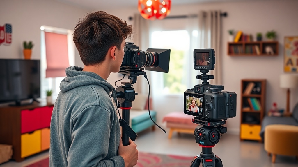 A teenager setting up a camera on a tripod in a cozy room, preparing to create YouTube content.