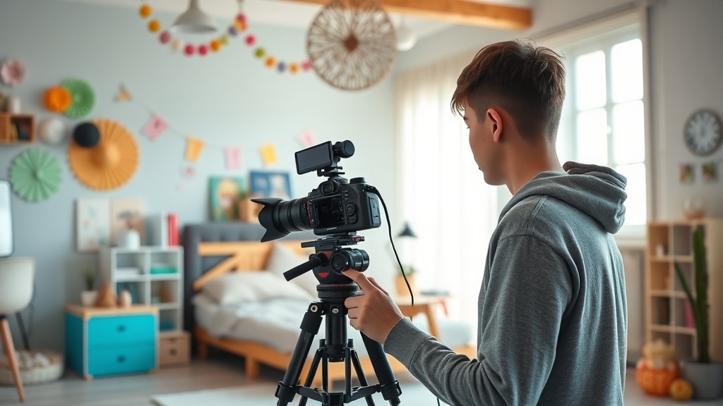 A teenager setting up a camera on a tripod in a cozy room, preparing to film a YouTube video.