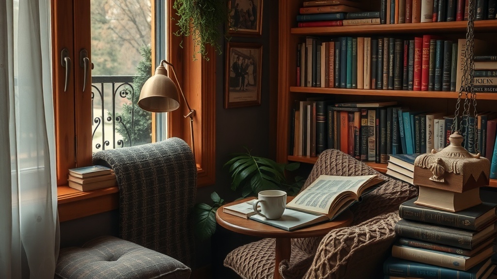 A cozy reading nook with bookshelves, a small table with an open book and a cup of coffee, and a window with natural light.