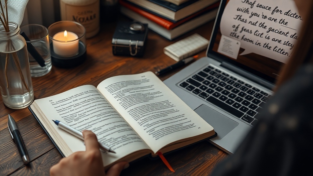 A cozy workspace with a laptop, open book, pen, and candle, ideal for creative writing.