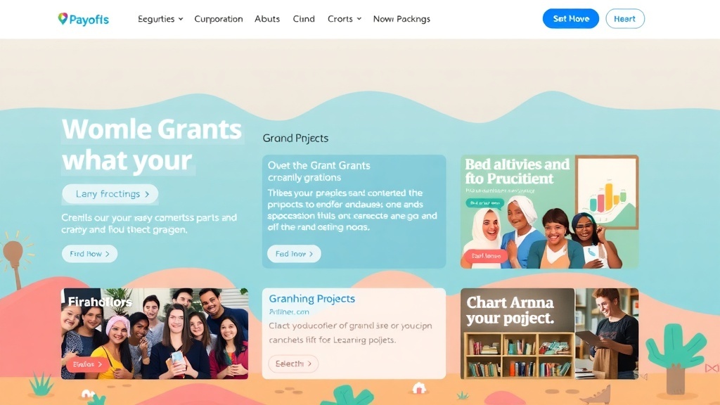 Screenshot of a crowdfunding platform showcasing grant opportunities with colorful sections and diverse projects.