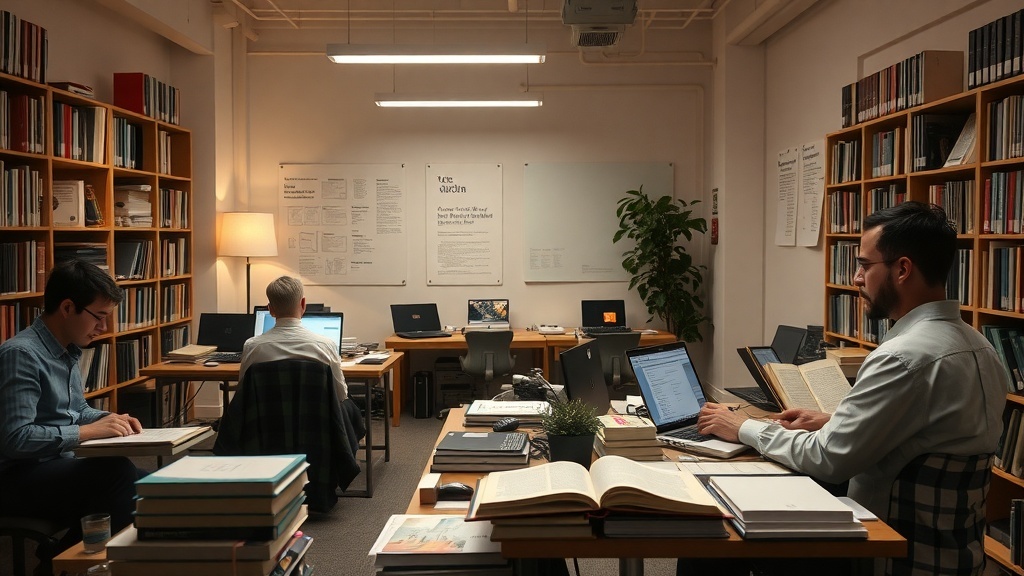 A cozy workspace with people reading and working on laptops surrounded by books.