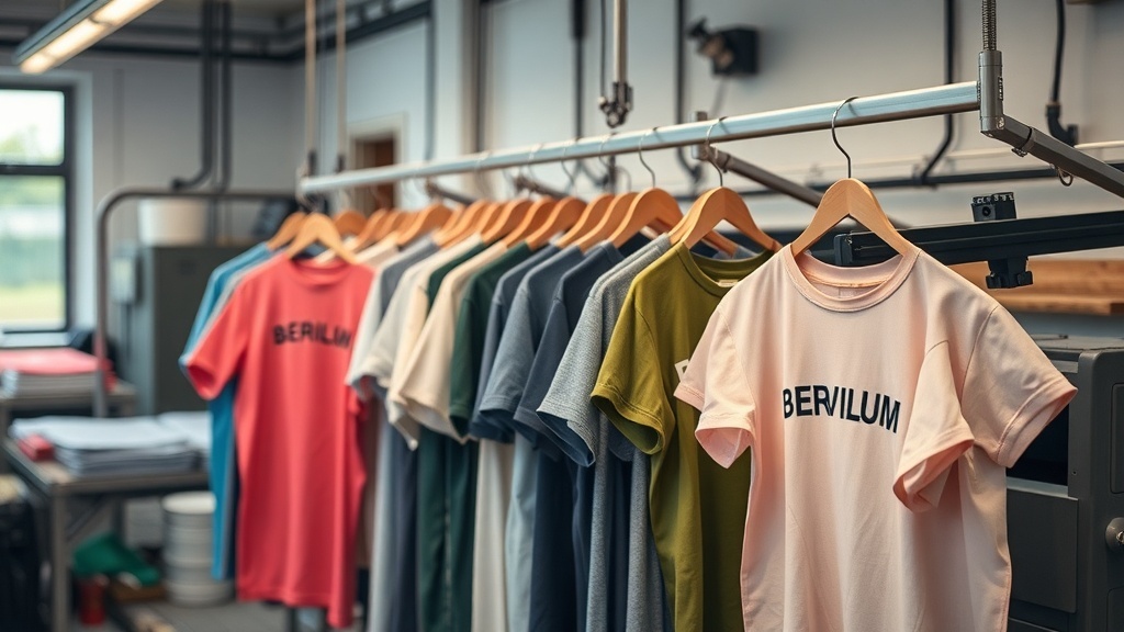 A variety of colorful t-shirts hanging on a rack in a printing workshop.