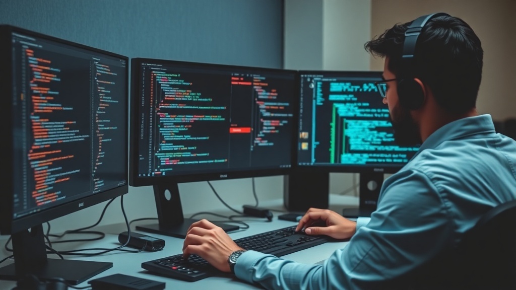 A developer working on multiple monitors displaying code.