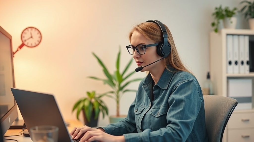 A woman in a home office wearing a headset, working on a laptop with a plant in the background.