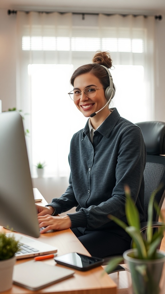 A smiling woman wearing a headset, working at a computer in a bright, cozy home office.