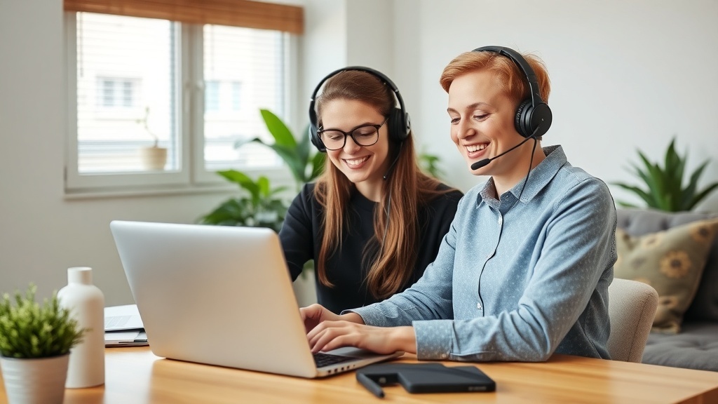 Two women wearing headsets, smiling and working on laptops in a bright, plant-filled room.