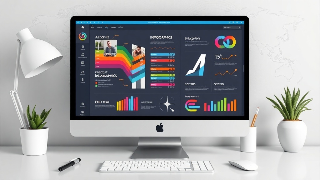 A computer screen displaying colorful customizable infographic templates.