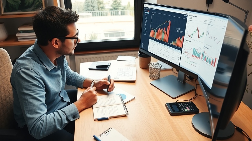 A data analyst working from home, focused on multiple screens displaying graphs and data.