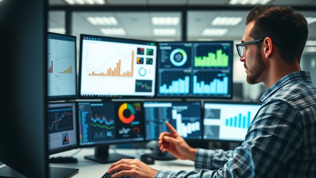 A focused data analyst working on multiple screens displaying various data visualizations.