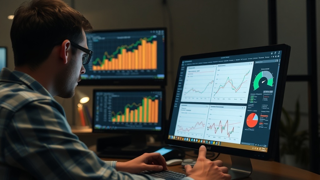 A focused individual analyzing data on multiple computer screens, showcasing various graphs and charts.