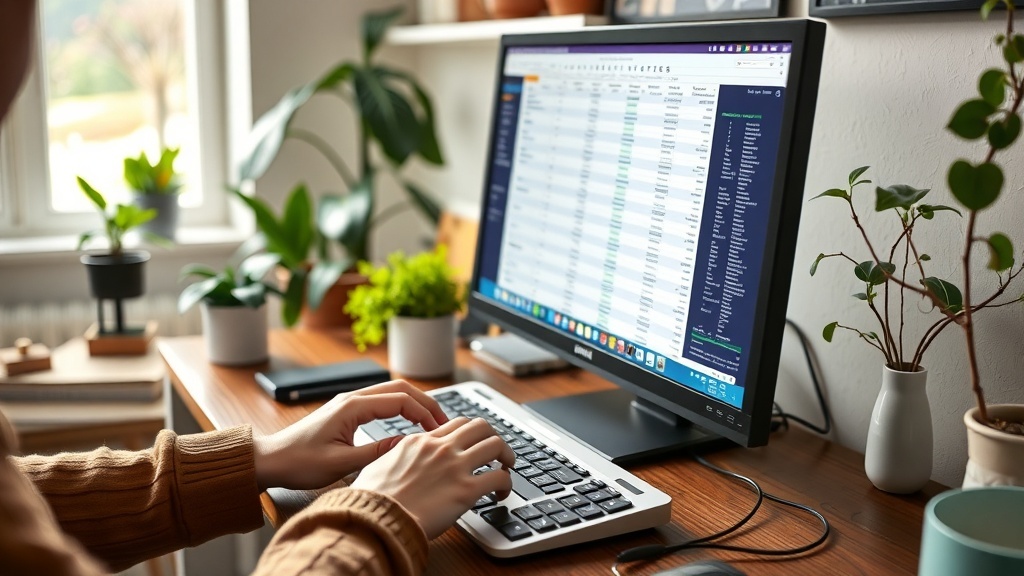 A person typing on a keyboard with a computer screen displaying a spreadsheet, surrounded by plants on a desk.