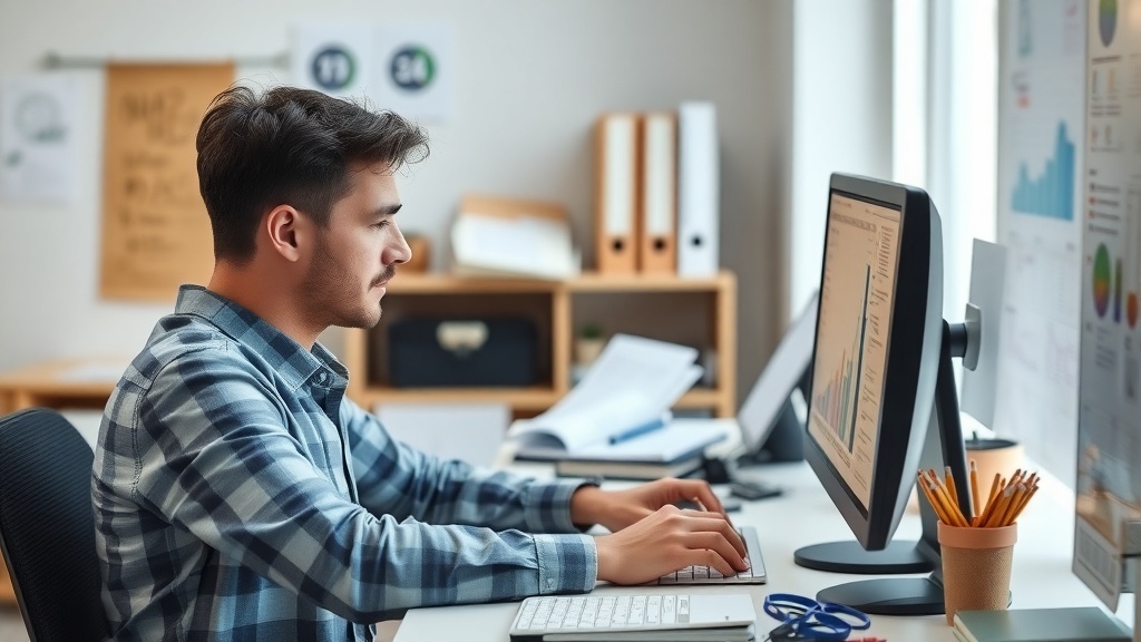 A young man working on a computer in a tidy office space, focused on data entry tasks.