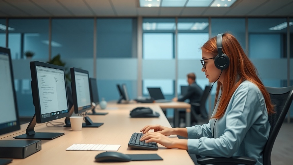 A focused woman wearing headphones, working on a computer in an office setting with multiple screens.