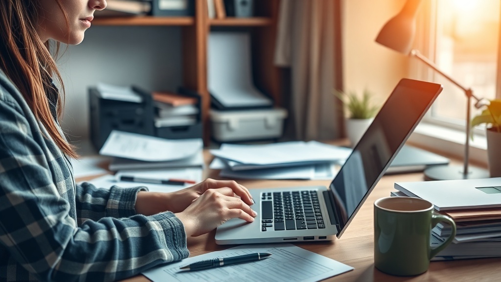A person typing on a laptop at a desk filled with papers and a coffee mug, representing a data entry clerk's workspace.