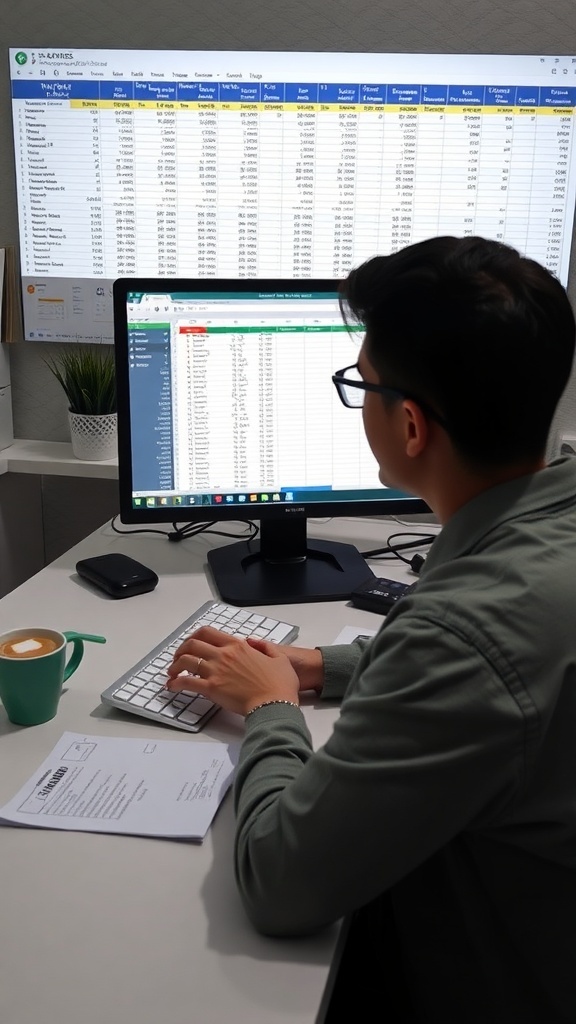 Person working on data entry with spreadsheets on computer screens.