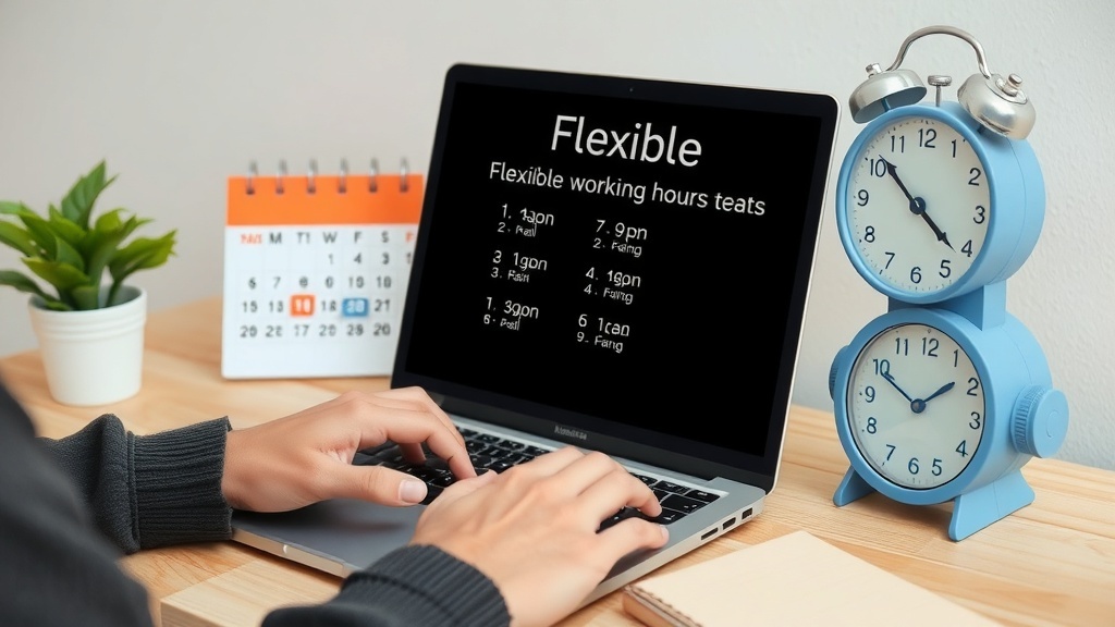 A laptop displaying flexible working hours for data entry jobs, with a calendar and two clocks on the desk.