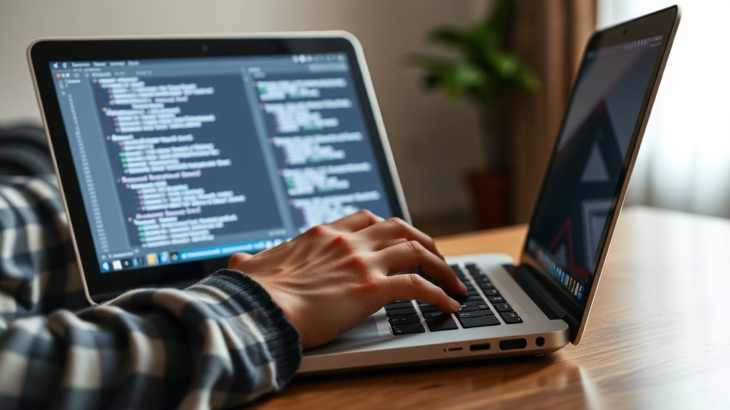 A person typing on a laptop in a cozy workspace