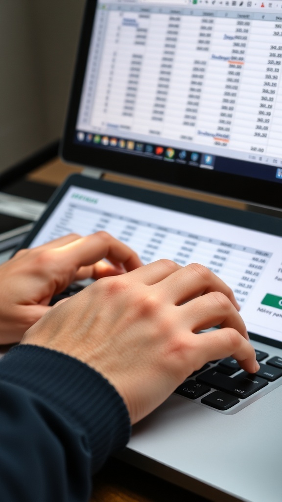 A person typing on a laptop with data displayed on the screen.