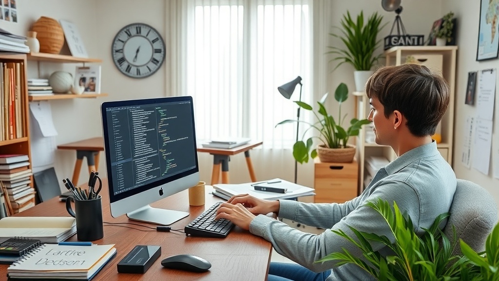 A person working on a computer at a desk with plants and books around.