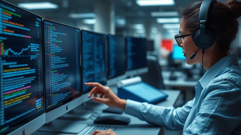 A person working on multiple computer screens, focused on data entry tasks.