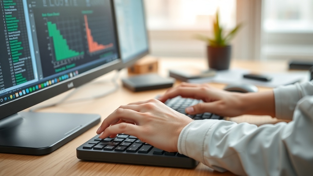 A person typing on a keyboard with data charts displayed on monitors in a home office setting.