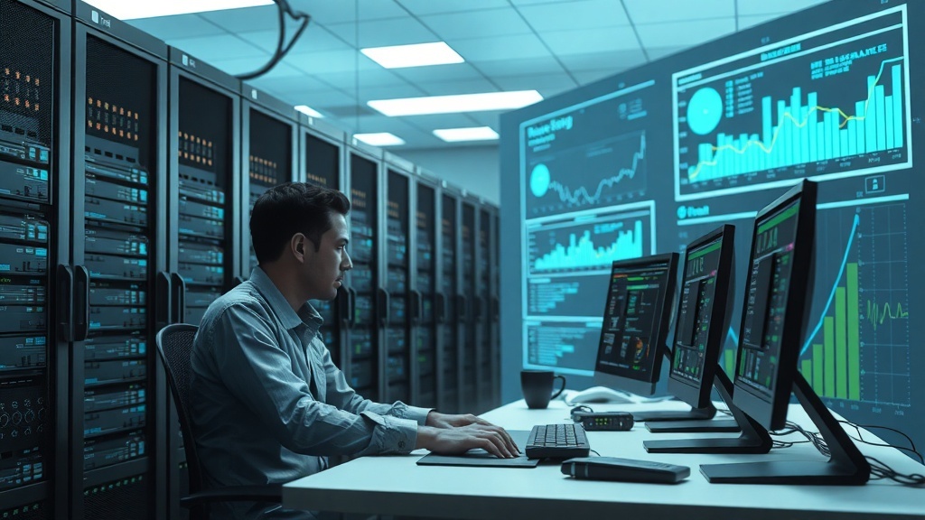 A focused Database Administrator working at multiple computer screens in a server room.