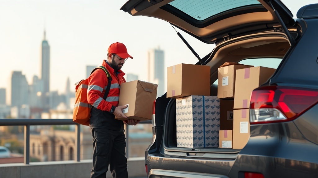 A delivery driver loading boxes into a vehicle with a city skyline in the background.