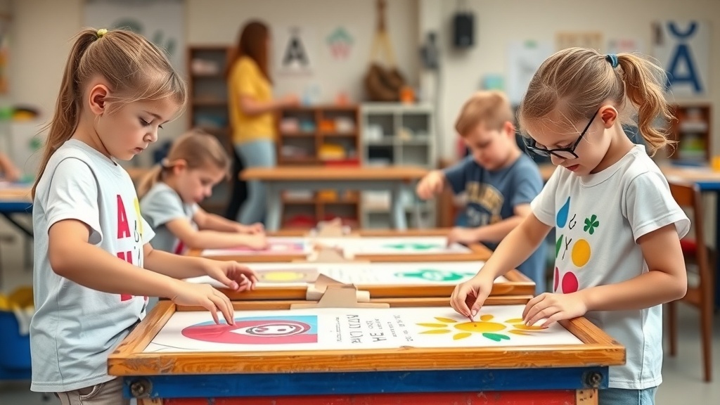 Children designing custom t-shirts in a creative workshop