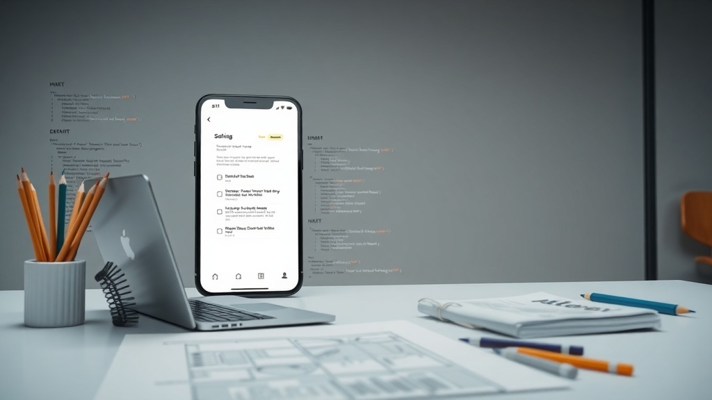 A smartphone displaying an app interface next to a laptop and stationery, symbolizing mobile app development.