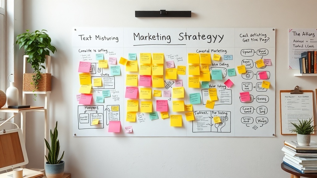 A wall filled with colorful sticky notes outlining a marketing strategy, showing brainstorming ideas and organization.