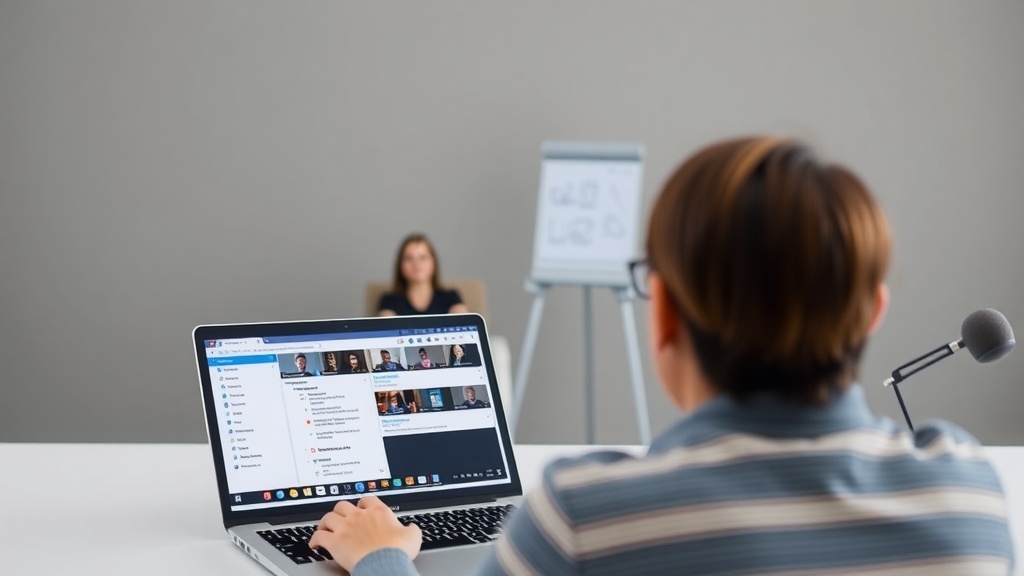 A person participating in a virtual workshop on a laptop, with a presenter visible on the screen.