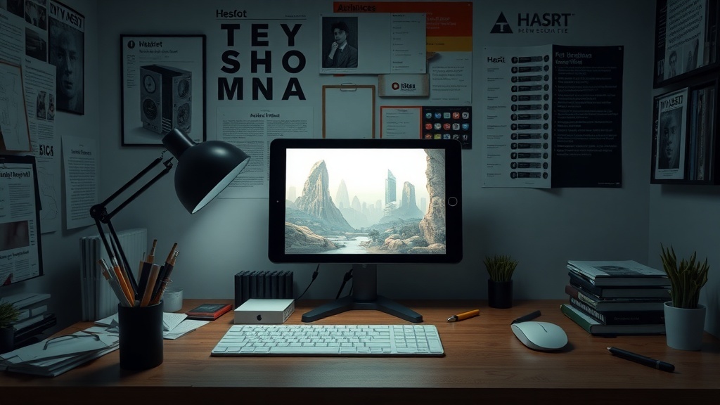 A cozy workspace with a computer displaying digital art, surrounded by art supplies and organized notes.