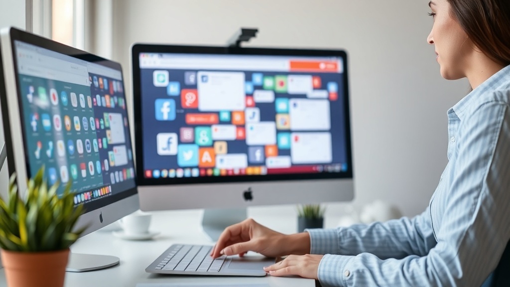 A person working on two computer screens in a home office, focusing on digital marketing tasks.