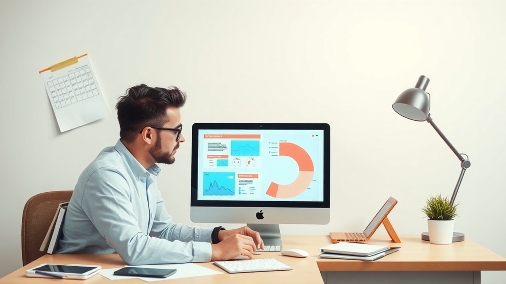 A man working at a desk with a computer displaying data analytics, symbolizing digital marketing consulting.