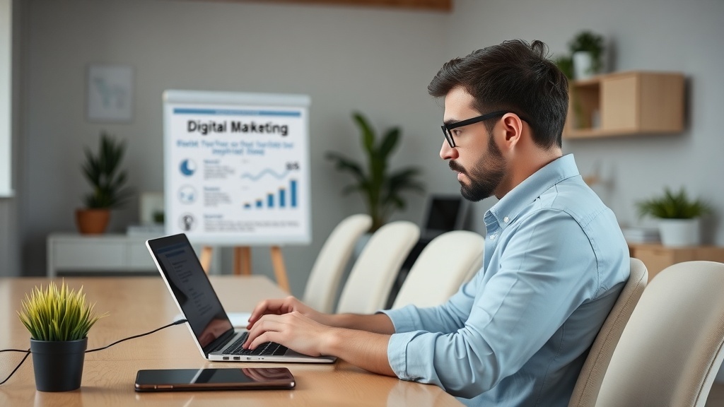 A focused individual working on a laptop with a digital marketing presentation in the background.