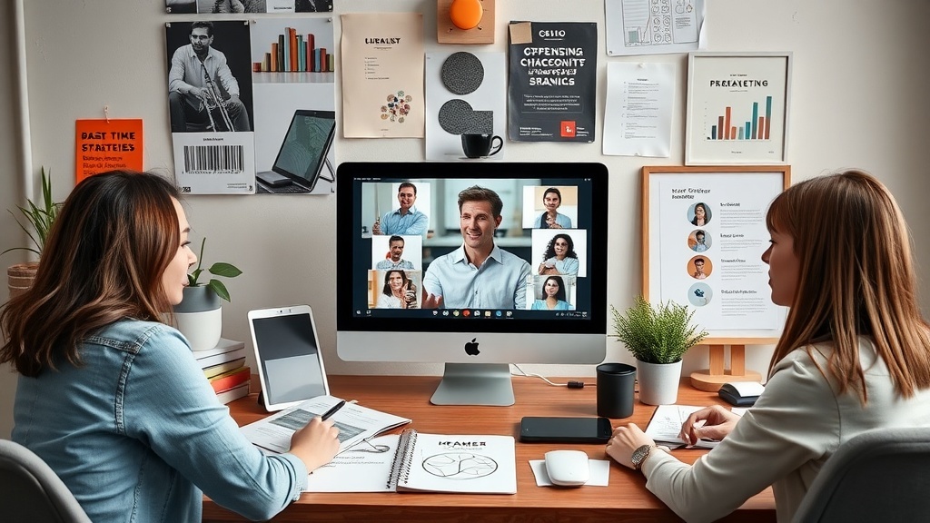 Two individuals in a home office setting, engaged in a video call about digital marketing strategies.