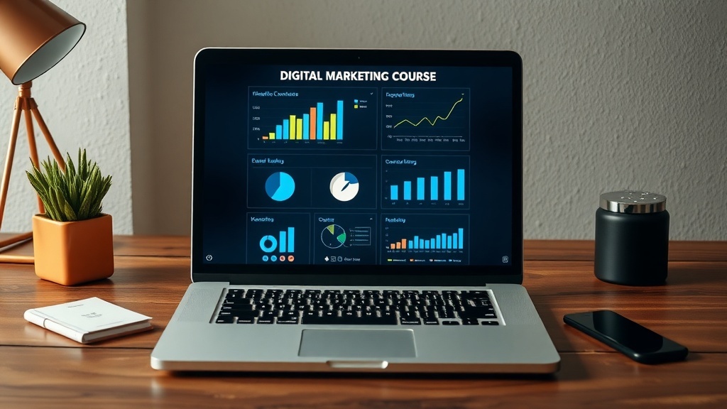 A laptop displaying a digital marketing course with colorful graphs and charts on the screen.