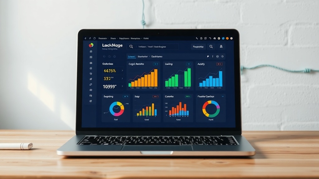 A laptop displaying colorful graphs and analytics on a wooden desk.