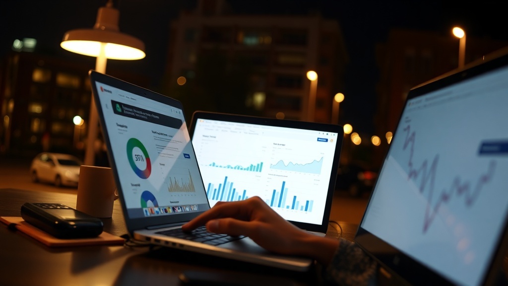 A person working on digital marketing tasks at night using multiple screens displaying data and graphs.