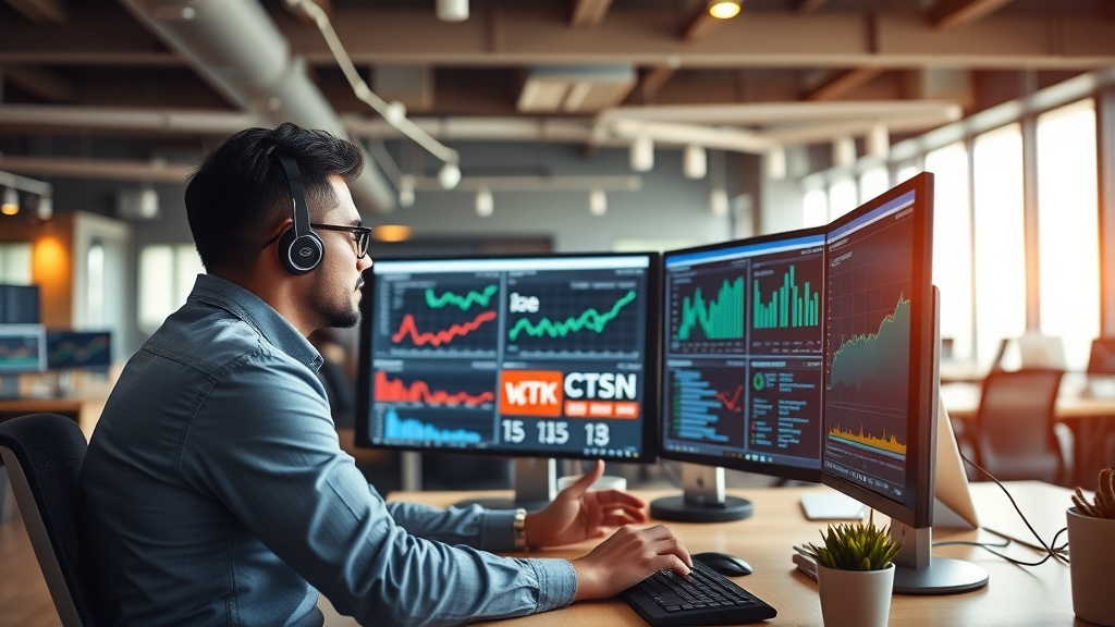 A digital marketing specialist analyzing data on multiple monitors in an office setting.