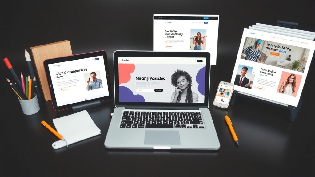 A workspace featuring a laptop, tablet, and smartphone displaying various digital marketing templates.