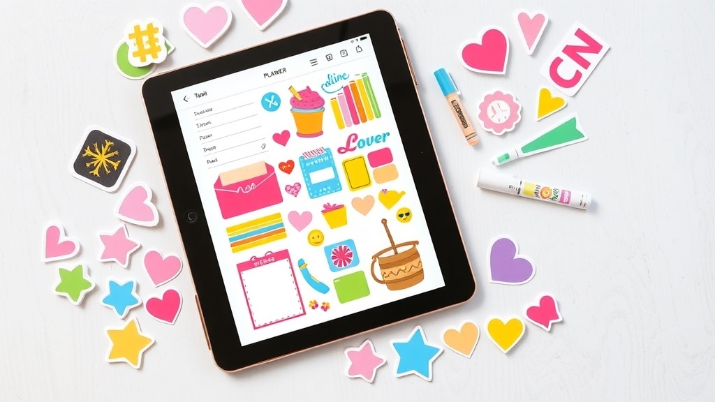 A tablet displaying colorful digital stickers for planners, surrounded by various sticker designs.